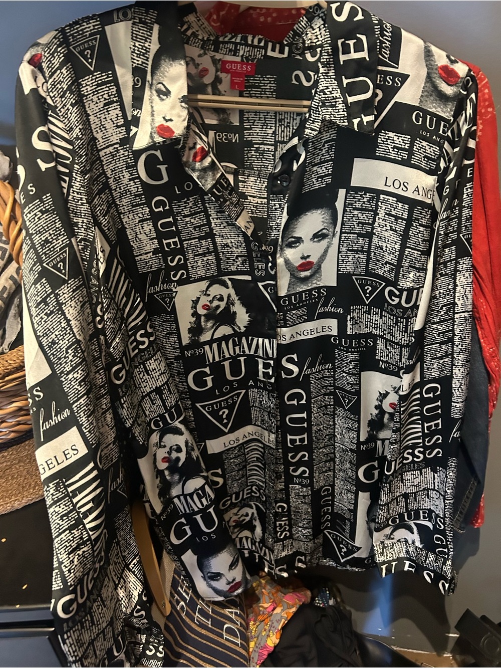 GUESS Black & White Newspaper-Print Button Front Jacket with Red Accent silky